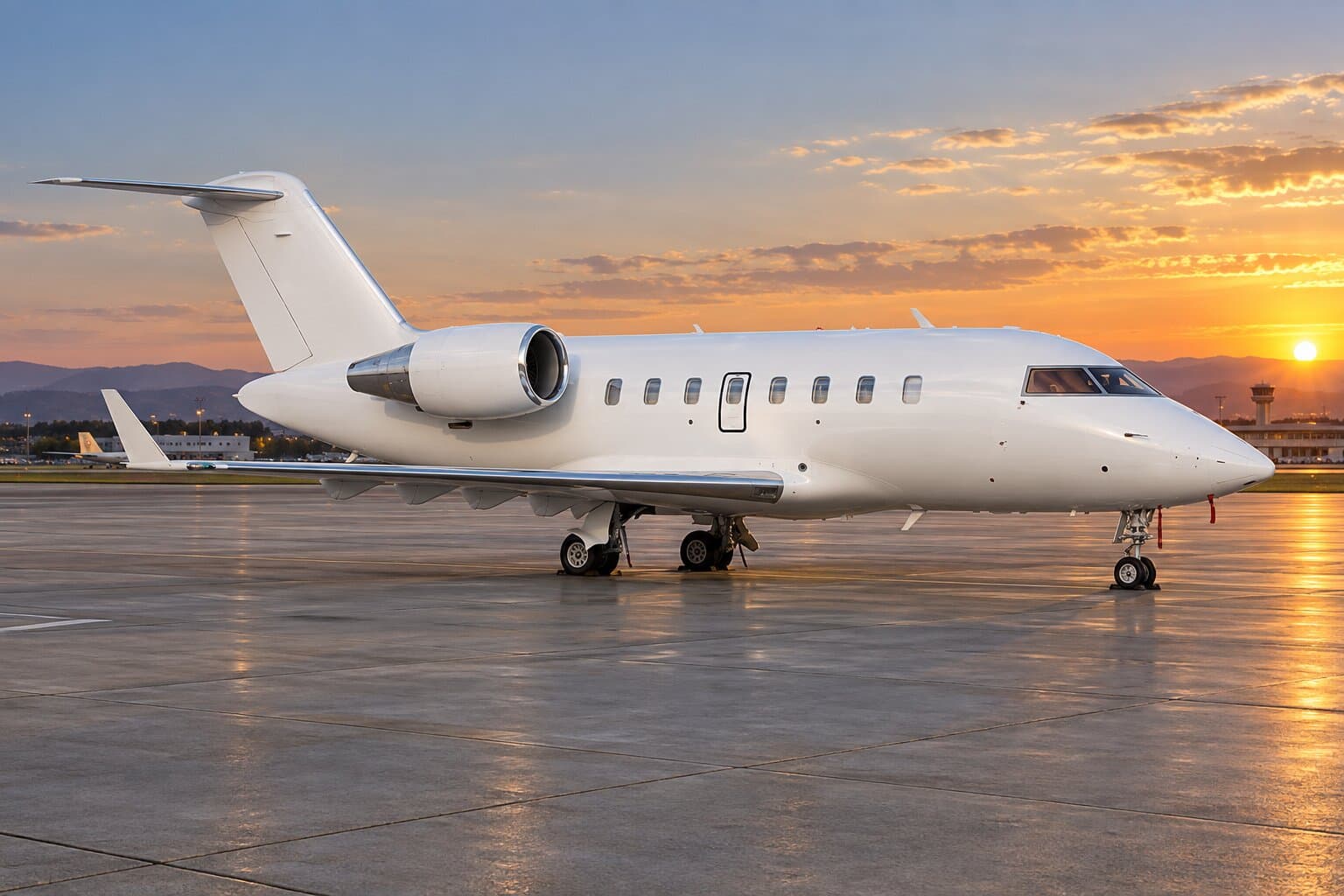 A heavy jet with a long cabin and a row of windows, at sunset.