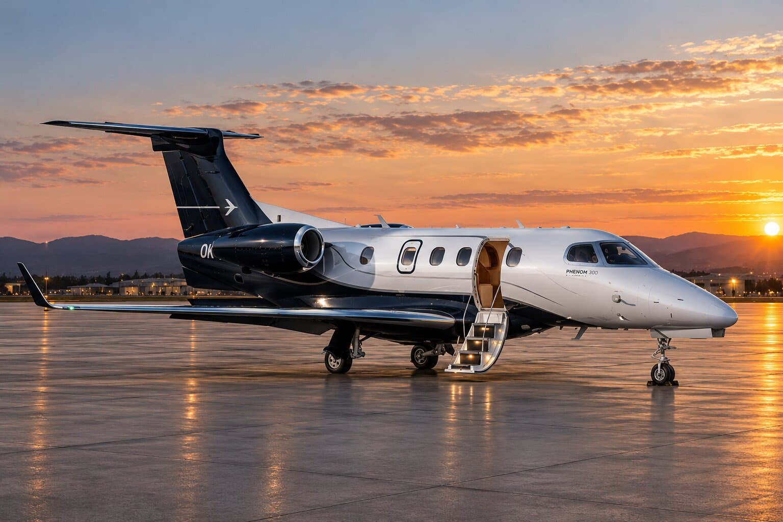 A light jet parked at dusk with its cabin door open and steps lit.