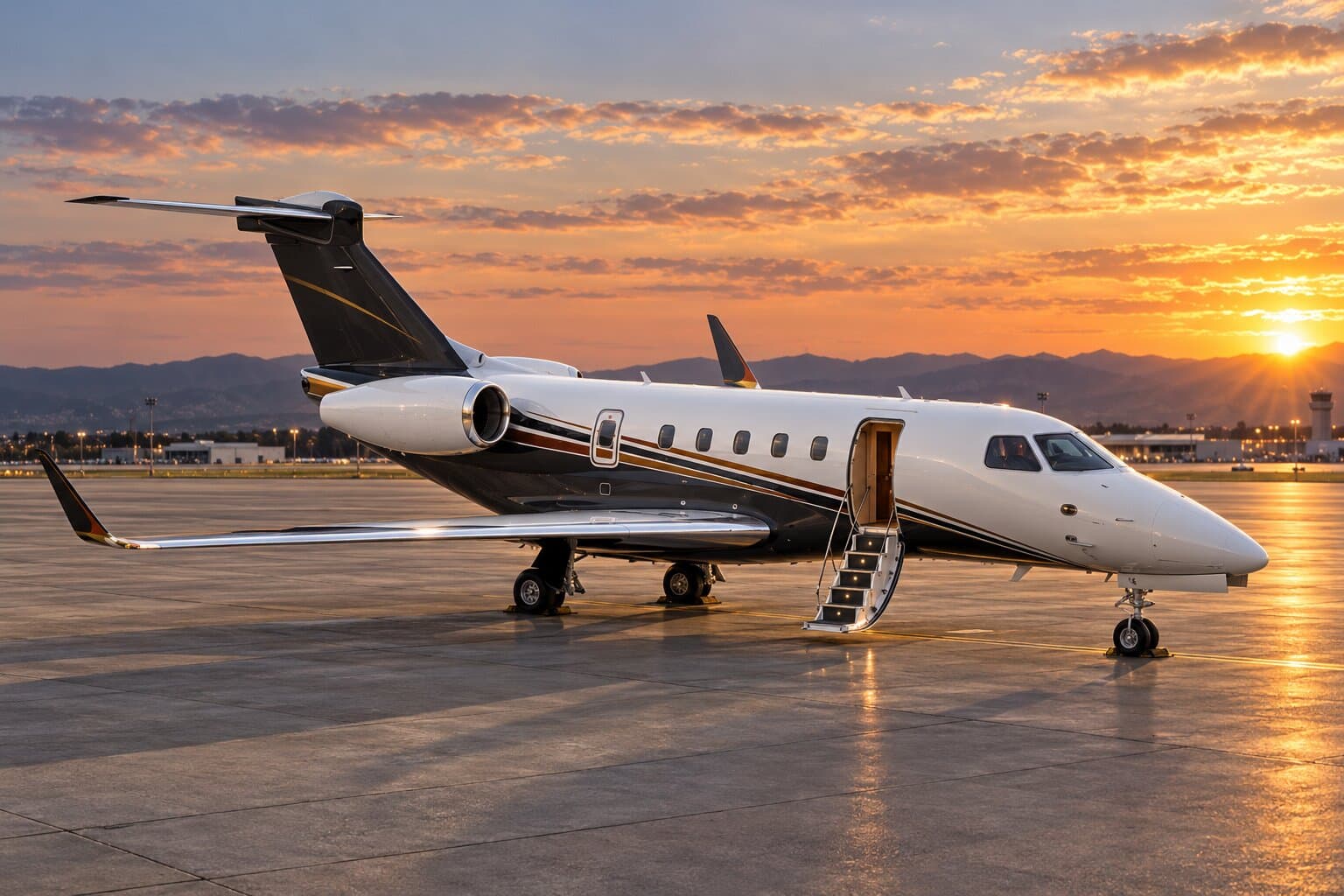 A midsize jet on the ramp at golden hour, airstair extended.
