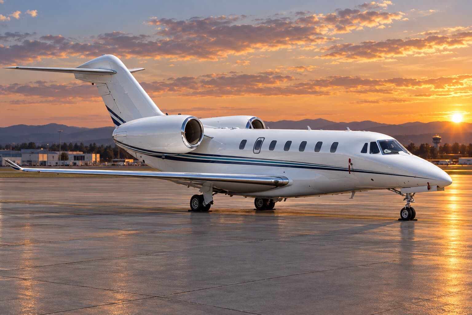 A super midsize jet with swept wings on the ramp at sunset.