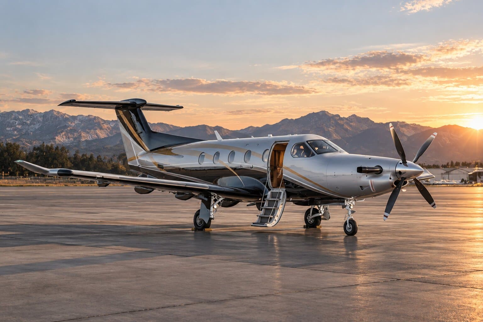 A single-engine turboprop on the apron, airstair down, at sunset.