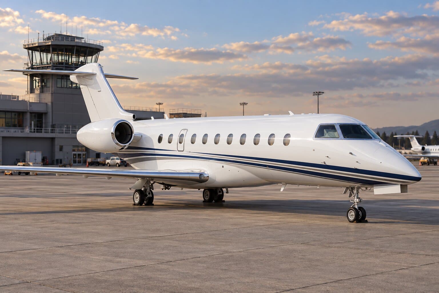 An ultra long range jet on the ramp beside an airport tower.