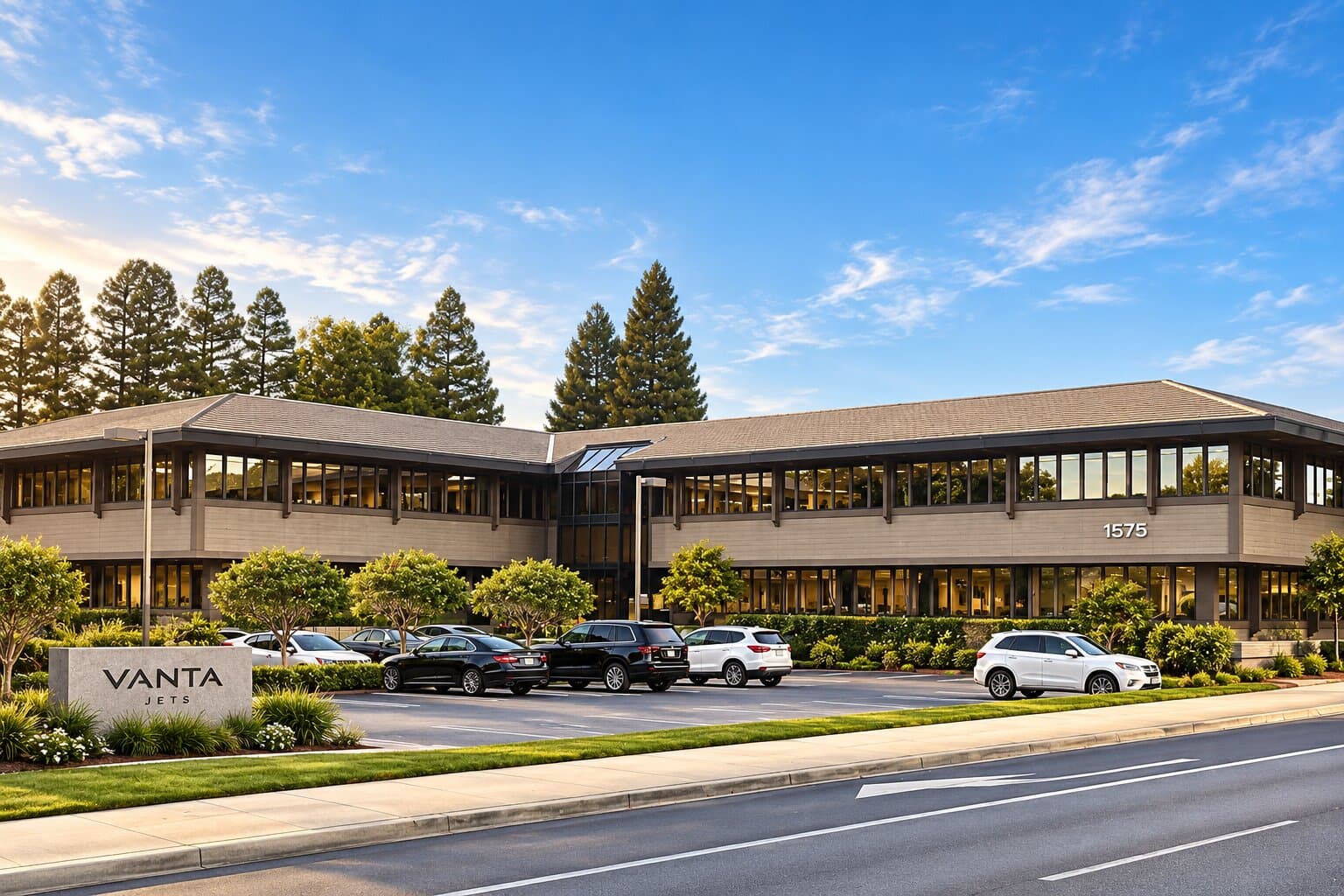 The Vanta Jets headquarters, a two-storey office building on Treat Boulevard with the company's sign on the lawn.