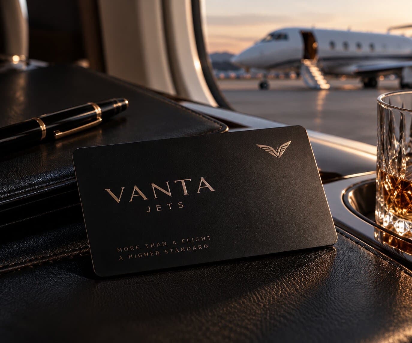 A black Vanta Jets card on a leather cabin table, a jet on the apron beyond the window.